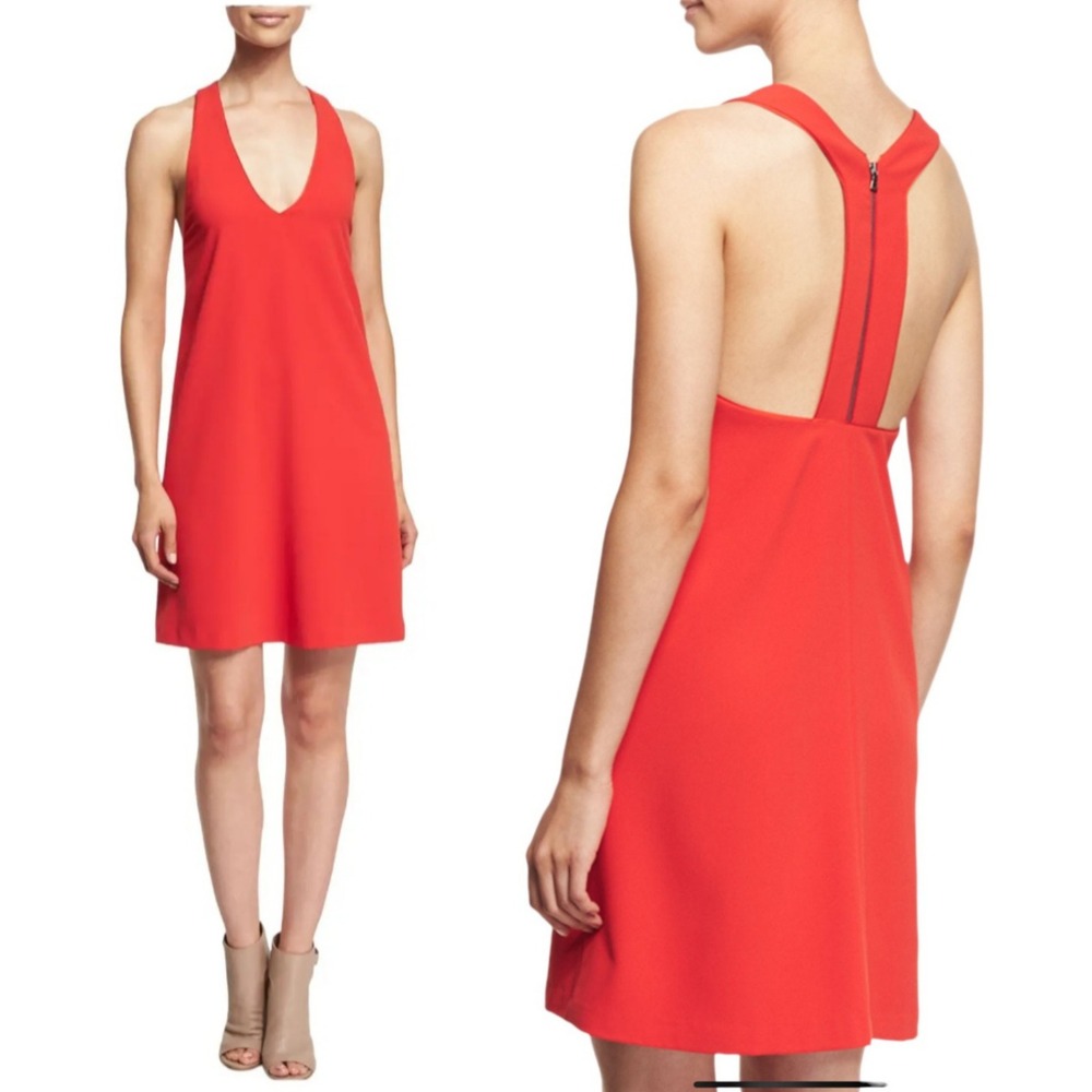 Alice + Olivia Red Silk‎ Halle Deep V-Neck Racerback A-Line Mini Dress Medium